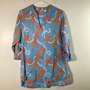 Womens All For Color V neck Tunic Starfish Rope Beach Blue Orange M